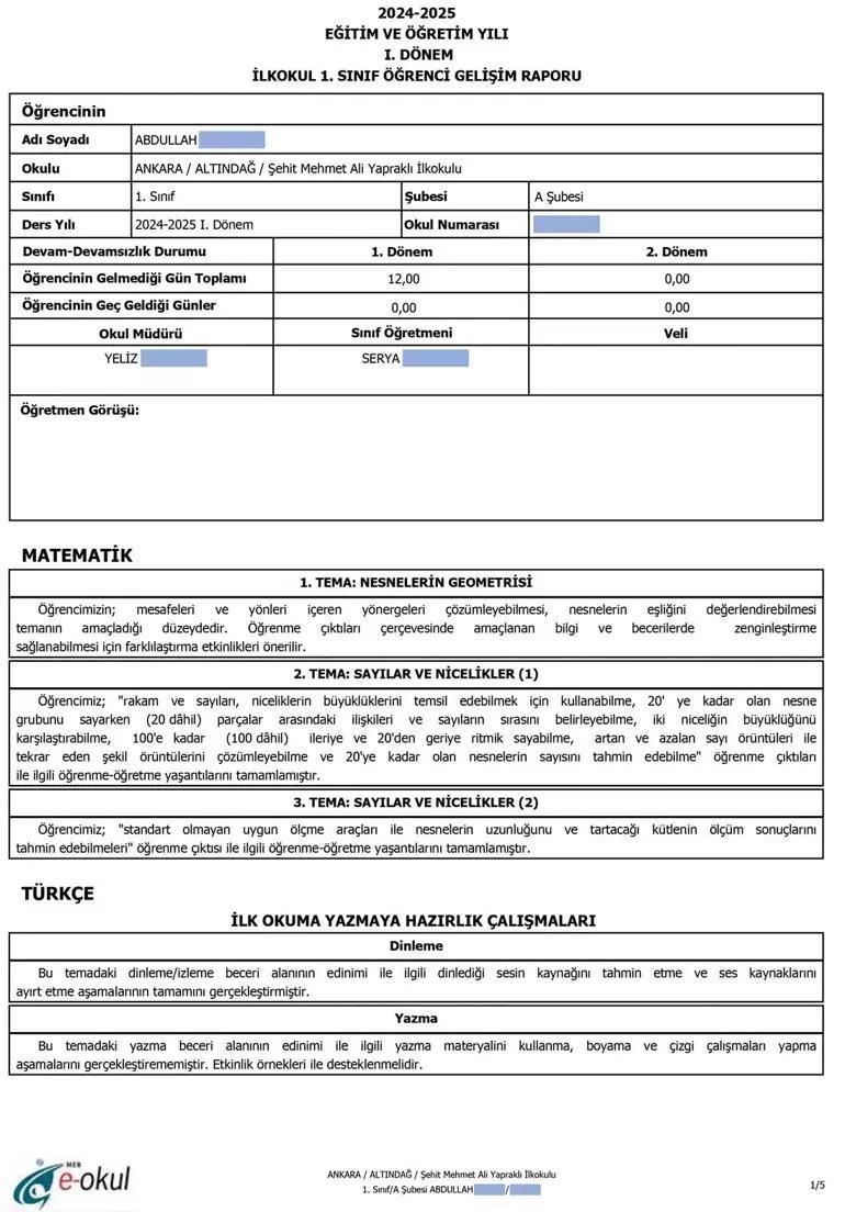 2024-2025 Eğitim Dönemi Gelişim Raporu Uygulaması